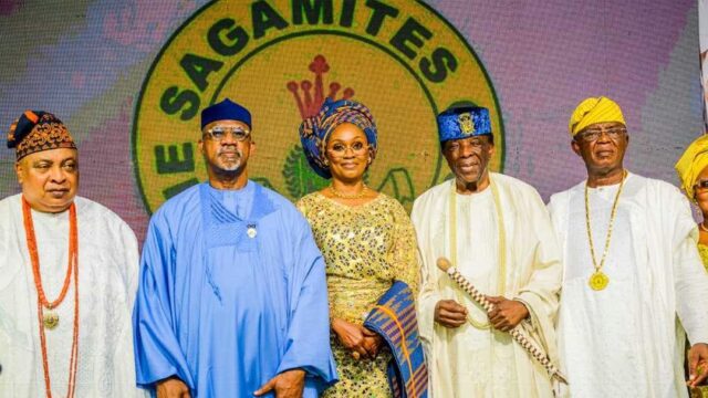 L-R: The Akarigbo and Paramount Ruler of Remoland, Oba Adewale Ajayi; Ogun State Governor, Prince Dapo Abiodun; his wife, Mrs Bamidele Abiodun; Chairman of the occasion, Olorogun Sunny Kuku; and the newly inaugurated President of the Sagamites Club, Engr. Oladimeji Oresanya, during his investiture as the 19th President of the club on Saturday in Sagamu.