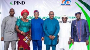 Peacebuilding Programme Manager, PIND, Dr. David Udofia; Urhobo Peace Influencer, Mrs. Rose Akumakowe; Advocacy Manager, PIND, Mr. Chuks Ofulue; Chairman, Board of Trustees, Warri Peace Community Support Initiative (WPCSI), Sylvester Okoh; Ijaw Peace Influencer, Ako Samuel and Itsekiri Peace Influencer, Romeo Ogedegbe, during the Peace Consolidation and Resilience Session on strengthening peaceful coexistence, unity and social cohesion in Warri Federal Constituency, held in Asaba, Delta State.