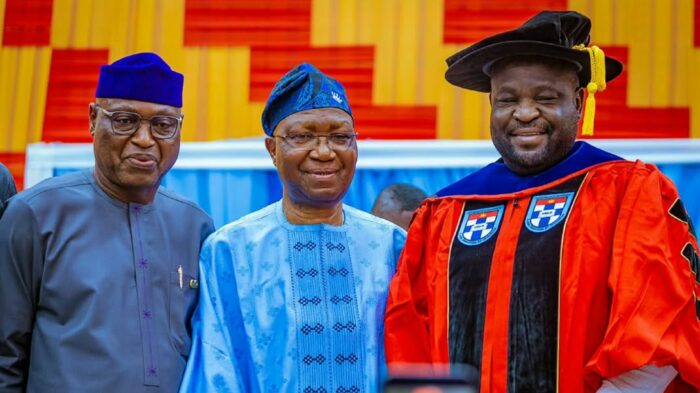 Governor Biodun Oyebanji of Ekiti State (left), Oba Rufus Adejugbe (middle) and Chairman of Cavista Holdings, Mr Niyi John Olajide at the ABUAD convocation