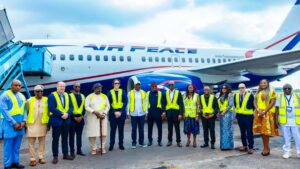 Aviation Minister Festus Keyamo and industry stakeholders during the arrival of Air Peace's dry-leased Boeing 737-700 aircraft in November 2025, marking a significant milestone in Nigeria's return to international aircraft leasing.