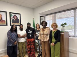 L-R: MD/CEO, National Theatre, Tola Akerele; co-founder and Artistic Director, Fekat Circus, Dereje Dange; founder and Artistic Director, Wow FactorZ Initiative for Artistic and Creative Development, Samuel Udoh; circus artist, Jessica Arpin; founder, La Fabrique Culturelle, Chantal Djedje; and member of the board, La Fabrique Culturelle and RICA, Renee Zentar  at the press briefing for Circus in Motion at the National Theatre, Iganmu, Lagos.
