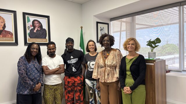 L-R: Tola Akerele, MD/CEO, National Theatre; Dereje Dange, co-founder and Artistic Director, Fekat Circus; Samuel Udoh, founder and Artistic Director, Wow FactorZ Initiative for Artistic and Creative Development; Jessica Arpin, circus artist; Chantal Djedje, founder, La Fabrique Culturelle; and Renee Zentar, member of the board, La Fabrique Culturelle and RICA, at the press briefing for Circus in Motion at the National Theatre, Iganmu, Lagos.