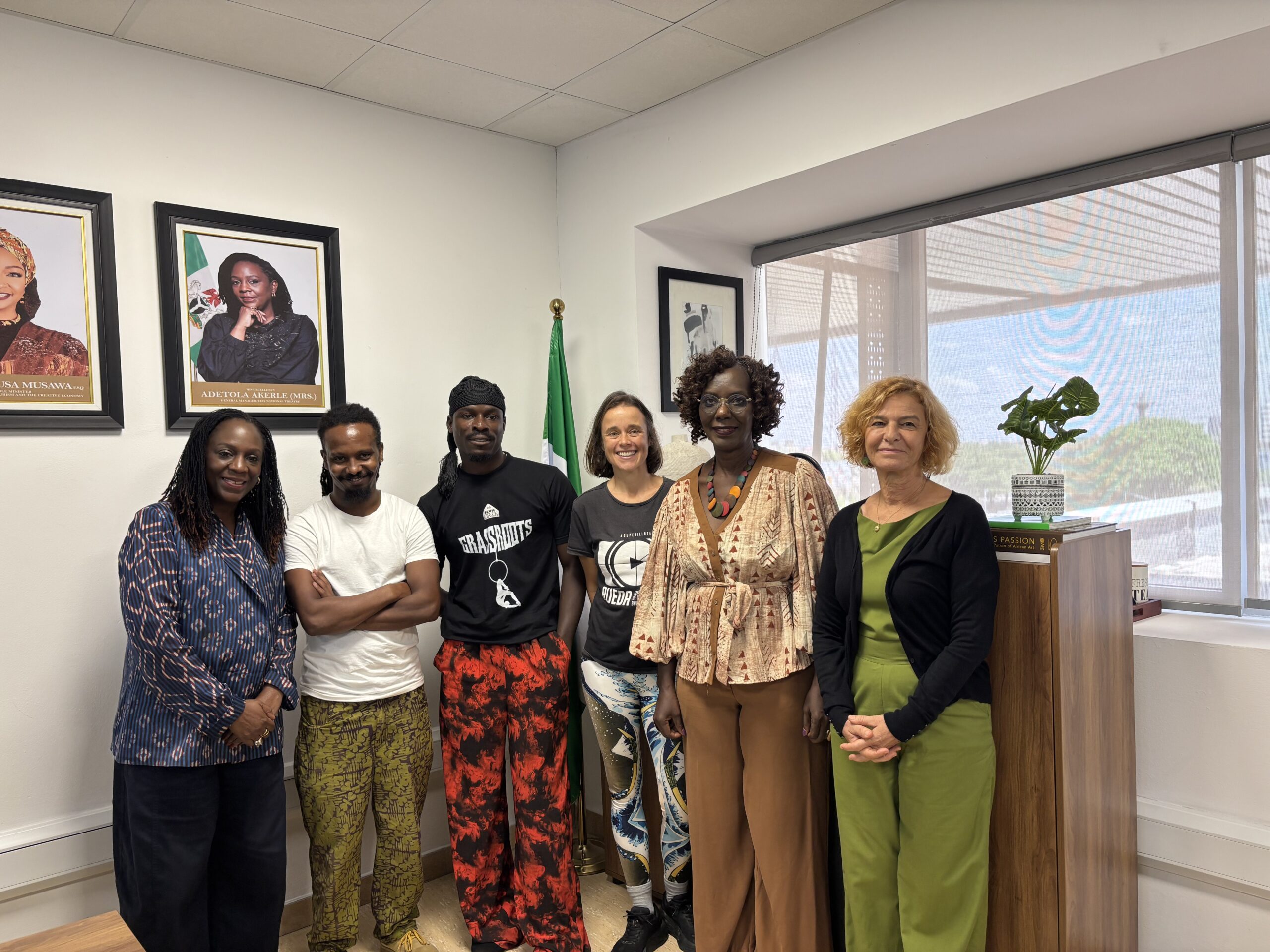 L-R: MD/CEO, National Theatre, Tola Akerele; co-founder and Artistic Director, Fekat Circus, Dereje Dange; founder and Artistic Director, Wow FactorZ Initiative for Artistic and Creative Development, Samuel Udoh; circus artist, Jessica Arpin; founder, La Fabrique Culturelle, Chantal Djedje; and member of the board, La Fabrique Culturelle and RICA, Renee Zentar  at the press briefing for Circus in Motion at the National Theatre, Iganmu, Lagos.
