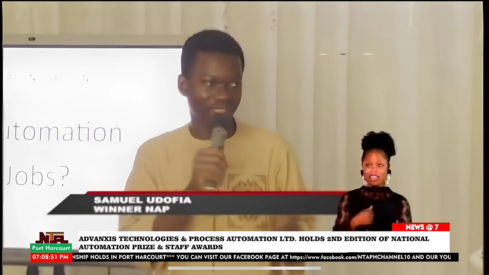 NAP 2025 winner Samuel Udofia speaking during the televised event
