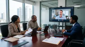 Nigerian business executives discussing international recruitment and US employment arrangements during a virtual meeting a