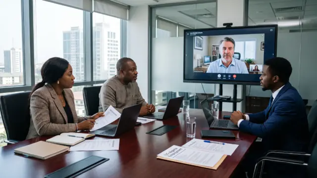 Nigerian business executives discussing international recruitment and US employment arrangements during a virtual meeting a