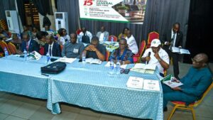R – L Director General NECA, Mr. Adewale Smatt Oyerinde, Executive Secretary, Mr. Olajide Afolabi, President/Chairman of Council, Amb. Chief Nzeribe Okegbue, PhD., Deputy President, Zonal Director South West/State Controler, FFederal of Labour and Employment, Mrs. Mienye Badejo, Immediate Past President, Dr. Olufemi Ogunlowo, Vice President 1, Dcn. Philip Ofe Orighomisan, Representative of the Permanent Secretary and Director of, Employment & Wages, Federal Ministry of Labour and Employment, Mr. J.J Akpan and the representative of the President of the Chartered Institute of Personnel Management of Nigeria (CIPM).