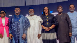 Widow of former Governor of Ondo State, Betty Akeredolu (left); Ogun State Governor, Dapo Abiodun; Ondo State Governor, Lucky Aiyedatiwa; his wife, Esther; former Governor of Ekiti State, Kayode Fayemi, and son of the late former Governor and Chairman, Oluwarotimi Akeredolu Foundation, Oluwarotimi Akeredolu (Jnr.), during the 70th posthumous birthday colloquium held in honour of Rotimi Akeredolu in Ibadan, yesterday