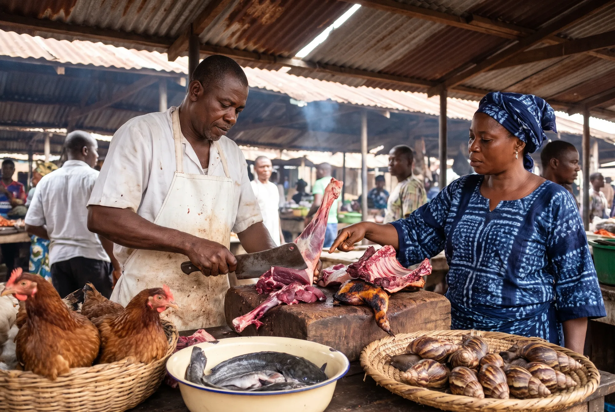 A butcher cuts goat meat for a shopper at an Ibadan market stall beside live chickens, fresh catfish and giant snails.