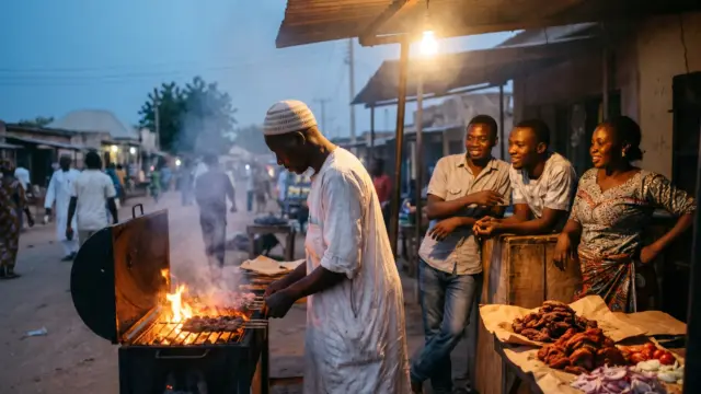 A suya seller in Kaduna grills spiced beef skewers over charcoal at dusk as customers wait for their meat.