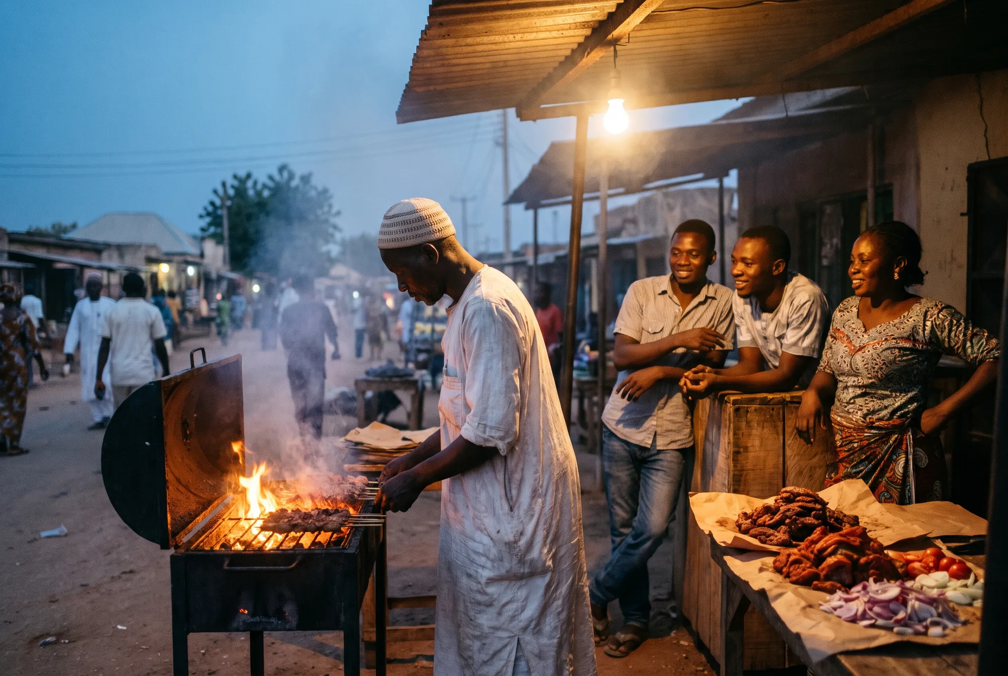 A suya seller in Kaduna grills spiced beef skewers over charcoal at dusk as customers wait for their meat.