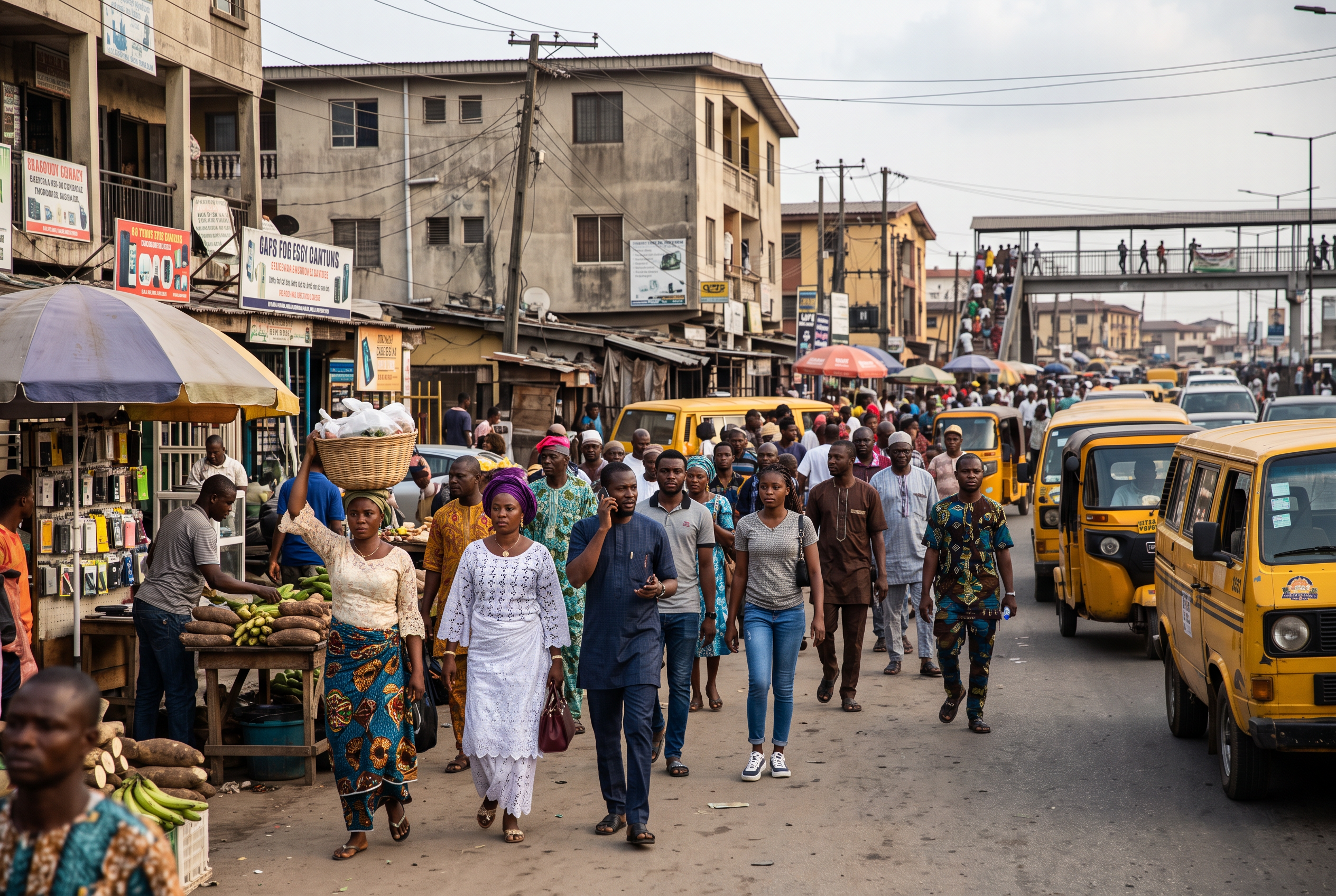 Busy Nigerian street showing daily life, public transport, local businesses and social challenges