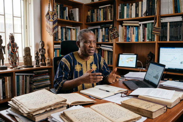 Researcher analyzing wealth charts and ancient records comparing Elon Musk’s net worth to historical trillionaires like Mansa Musa.