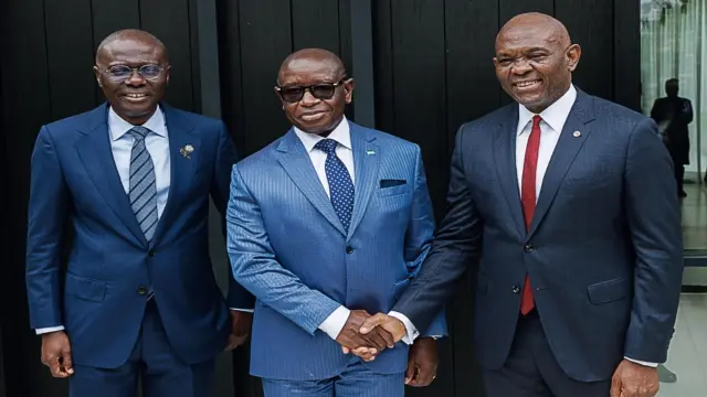 President of Sierra Leone and Chairman of the Authority of Heads of State and Government of the Economic Community of West African States (ECOWAS), Mr Julius Maada Bio, flanked by Governor of Lagos State, Mr Babajide Sanwo-Olu (left) and Chairman, Heirs Holdings and Co-Chair of the West Africa Integration and Investment Summit (WAIIS 2026), Mr Tony Elumelu, at the meeting of private sector leaders, hosted by Mr Elumelu at his residence in Lagos, yesterday.