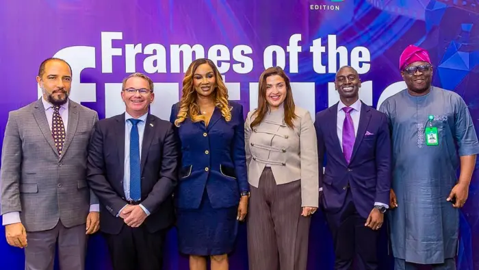 The Consul General of Brazil to Nigeria, Ronaldo Lima Vieria(left); Consul General of France to Nigeria,  Laurent Favier; Founder African International Film Festival & Afriff Film and Content Market (AFRIFF and AFCM), Chioma Ude; Group Managing Director, Mikano, Joelle Haykal; Consul General of the United States to Nigeria, Brandon Hudspeth; and Director General, Nigeria Film and Video Censors Board, Dr. Shuaibu Husseini, at the press conference to announce the 15th African International Film Festival (AFRIFF).