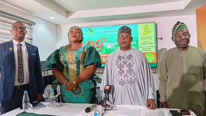 The Chairman of conference planning committee, Pharmaceutical Society of Nigeria (PSN), Derrick Osondu (left); National Publicity Secretary, Lizette Ezenekwe; PSN President, Ayuba Tanko and the National Secretary, Gafar Mandehin during a press conference ahead of the society’s 99th Annual National Conference tagged ‘Ijele’.