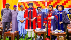Minister of Aviation and Aerospace Development, Festus Keyamo (left); Ekiti State Governor, Biodun Oyebanji; former President, Nigeria Bar Association (NBA), Wole Olanipekun (SAN); Chairman, CAVISTA Holdings and Honorary degree awardee, John Olajide; Founder, Afe Babalola University, Ado-Ekiti (ABUAD), Aare Afe Babalola (SAN); his wife, Modupe Babalola; and ABUAD’s Vice-Chancellor, Prof. Smaranda Olarinde, at the institution’s 14th convocation ceremony in Ado-Ekiti, yesterday.