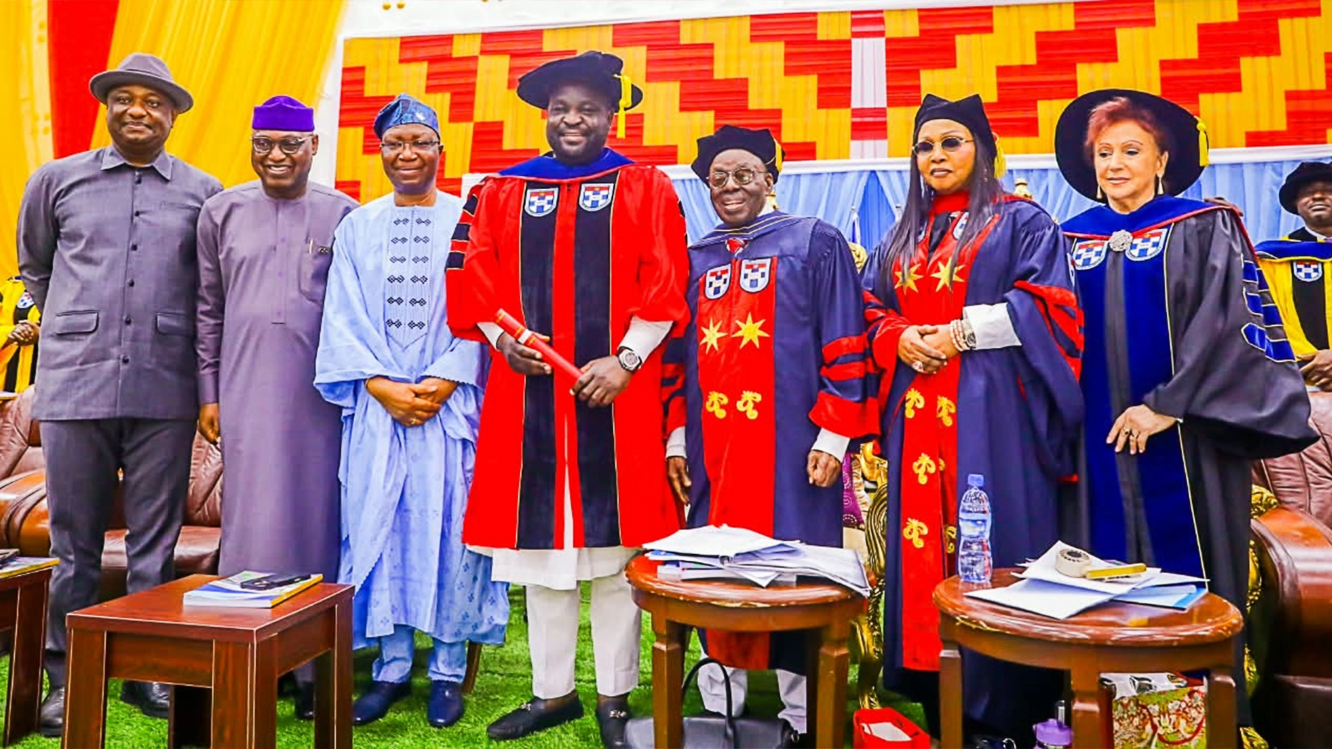 Minister of Aviation and Aerospace Development, Festus Keyamo (left); Ekiti State Governor, Biodun Oyebanji; former President, Nigeria Bar Association (NBA), Wole Olanipekun (SAN); Chairman, CAVISTA Holdings and Honorary degree awardee, John Olajide; Founder, Afe Babalola University, Ado-Ekiti (ABUAD), Aare Afe Babalola (SAN); his wife, Modupe Babalola; and ABUAD’s Vice-Chancellor, Prof. Smaranda Olarinde, at the institution’s 14th convocation ceremony in Ado-Ekiti, yesterday.