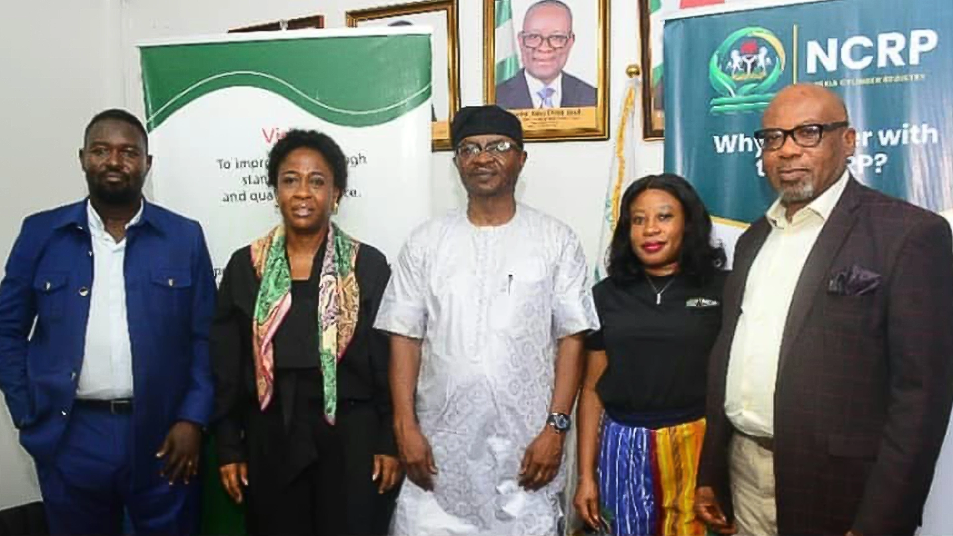 L-R: Engineer Ijachi Ega, Group Head, Mechanical Engineering, Standards Organisation of Nigeria (SON); Joy Shaiyen, National Coordinator, Women in LPG; Manji Pious Lawan, Special Adviser to the Director-General on Strategic Support, SON, representing Dr Ifeanyi Chukwunonso Okeke, Director-General and Chief Executive Officer, SON; Lilian Aremu, Non-Executive Director, FuelTree Technologies; and Bassey Essien, Executive Secretary, Nigerian Association of LPG Marketers, at the press conference to launch the National Cylinder Recirculation Programme, held at SON’s Operational Headquarters in Lagos.