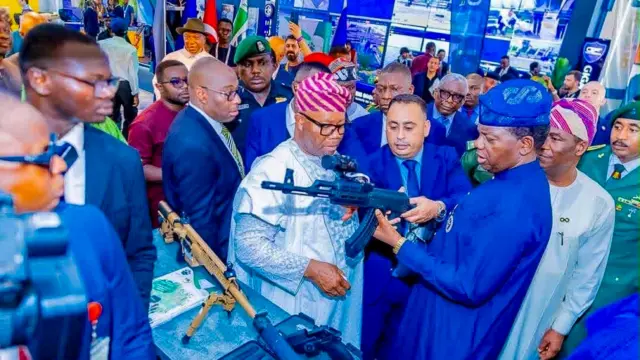 CEO DICON D7G, Osman Chennar interacting with Senate President, Godswill Akpabio and the Minister of State for Defence, Bello Matawalle at the ongoing AFRIDEX