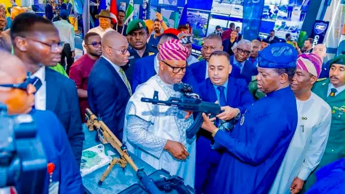 CEO DICON D7G, Osman Chennar interacting with Senate President, Godswill Akpabio and the Minister of State for Defence, Bello Matawalle at the ongoing AFRIDEX