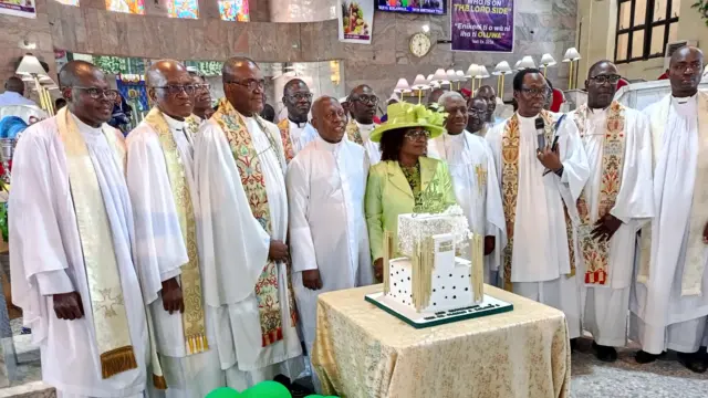 The Venerable Olusiji Kolawole and his wife, Dr. (Mrs) Olubukunola Kolawole (centre); flanked by Vicar/Archdeacon, The Venerable Kelvin Tope-Ta- pere (third right) and other priests during the 70th Birthday Thanksgiving Service and Retirement in honour ofThe Venerable Kolawole at All Saints’ Anglican Church, Oshodi, Lagos on September 22, 2026