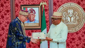 Rivers State Governor, Siminalayi Fubara presents the Staff of Office to the new Amanyanabo of Opobo Kingdom, His Majesty King Charles Douglas Mac-Pepple Jaja, Jeki VI