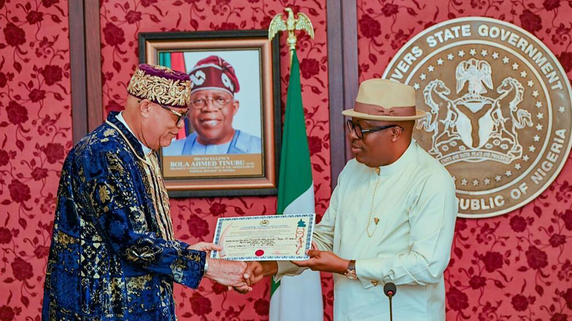 Rivers State Governor, Siminalayi Fubara presents the Staff of Office to the new Amanyanabo of Opobo Kingdom, His Majesty King Charles Douglas Mac-Pepple Jaja, Jeki VI