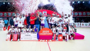 Players and officials of MFM Basketball Club, Zenith Bank representatives and NBBF officials during the trophy presentation to the NBBF/Zenith Bank Women’s League champions at the weekend.