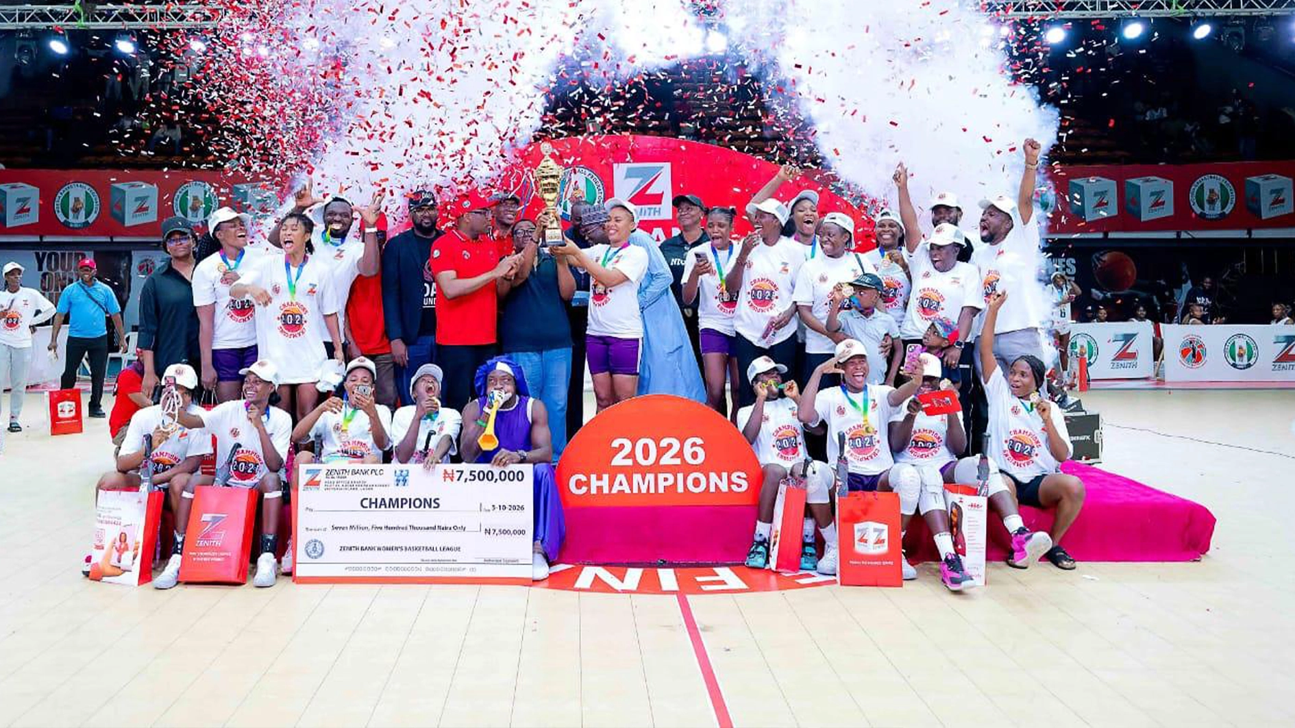 Players and officials of MFM Basketball Club, Zenith Bank representatives and NBBF officials during the trophy presentation to the NBBF/Zenith Bank Women’s League champions at the weekend.