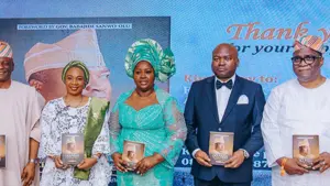IGP Olatunji Rilwan Disu (left); APC Lagos State Deputy Governorship Candidate, Princess Damilola Sonayon James; Wife of the Celebrant/Managing Director, Executive Hotel and Suites, Dr Ajoke Ogunsan; LSSTF boss, Dr Ayodele Ogun- san and CEO/MD, JB Farms Ltd, Mr Ajibola Bankole Adebutu, during Ogunsan’s 50th Birthday Celebration and the launch of the new book; Dr Ayodele Ogunsan: ‘The Civilian General’ and at the Civic Centre, V/I, Lagos