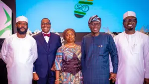 Colloquium Convener, Seyi Tinubu (left); former President of the African Development Bank Group, Dr Akinwumi Adesina; wife of Lagos State Governor, Dr Ibijoke Sanwo-Olu; Governor Babajide Sanwo-Olu; and Minister of Youth Development, Olawande Ayodele, during the Seyi Tinubu Colloquium themed: “Shaping The Future Together” in Lagos, yesterday.