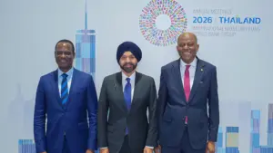 Minister of Finance and Coordinating Minister of the Economy, Mr Taiwo Oyedele (left); World Bank President, Mr Ajay Banga; and Governor of the Central Bank of Nigeria (CBN), Mr Olayemi Cardoso, following the Nigerian delegation’s strategic engagements with the World Bank Chief, yesterday on the sidelines of the Annual Meetings of the International Monetary Fund (IMF) and the World Bank, being held in Bangkok, Thailand.