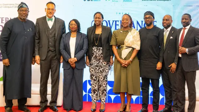 President and Chairman of the Governing Council, CIoD Nigeria, Adetunji Oyebanji (left); CEO, Open Access Data Centres (OADC), Dr Ayotunde Coker; Chairperson, African Risk Capacity Limited, Ms Cecilia Akintomide; Chief Legal Officer, SIFAX Group, Mrs Jesuyemi Odeyemi; Vice Chair, NBA-SBL, Mrs Ayoyinka Olajide-Awosedo; CEO, Ubulu Africa, Dr Odiong Akpan, MCIoD; CEO, NGX Regulation Limited, Mr Olufemi Shobanjo; and Head, Trading and Product, NGX, Mr Abimbola Babalola at the Corporate Governance Triangle Annual Corporate Governance Colloquium 2026, held in Lagos, recently