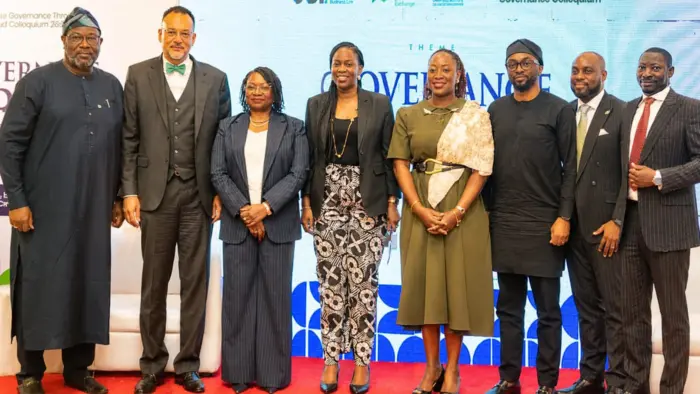 President and Chairman of the Governing Council, CIoD Nigeria, Adetunji Oyebanji (left); CEO, Open Access Data Centres (OADC), Dr Ayotunde Coker; Chairperson, African Risk Capacity Limited, Ms Cecilia Akintomide; Chief Legal Officer, SIFAX Group, Mrs Jesuyemi Odeyemi; Vice Chair, NBA-SBL, Mrs Ayoyinka Olajide-Awosedo; CEO, Ubulu Africa, Dr Odiong Akpan, MCIoD; CEO, NGX Regulation Limited, Mr Olufemi Shobanjo; and Head, Trading and Product, NGX, Mr Abimbola Babalola at the Corporate Governance Triangle Annual Corporate Governance Colloquium 2026, held in Lagos, recently