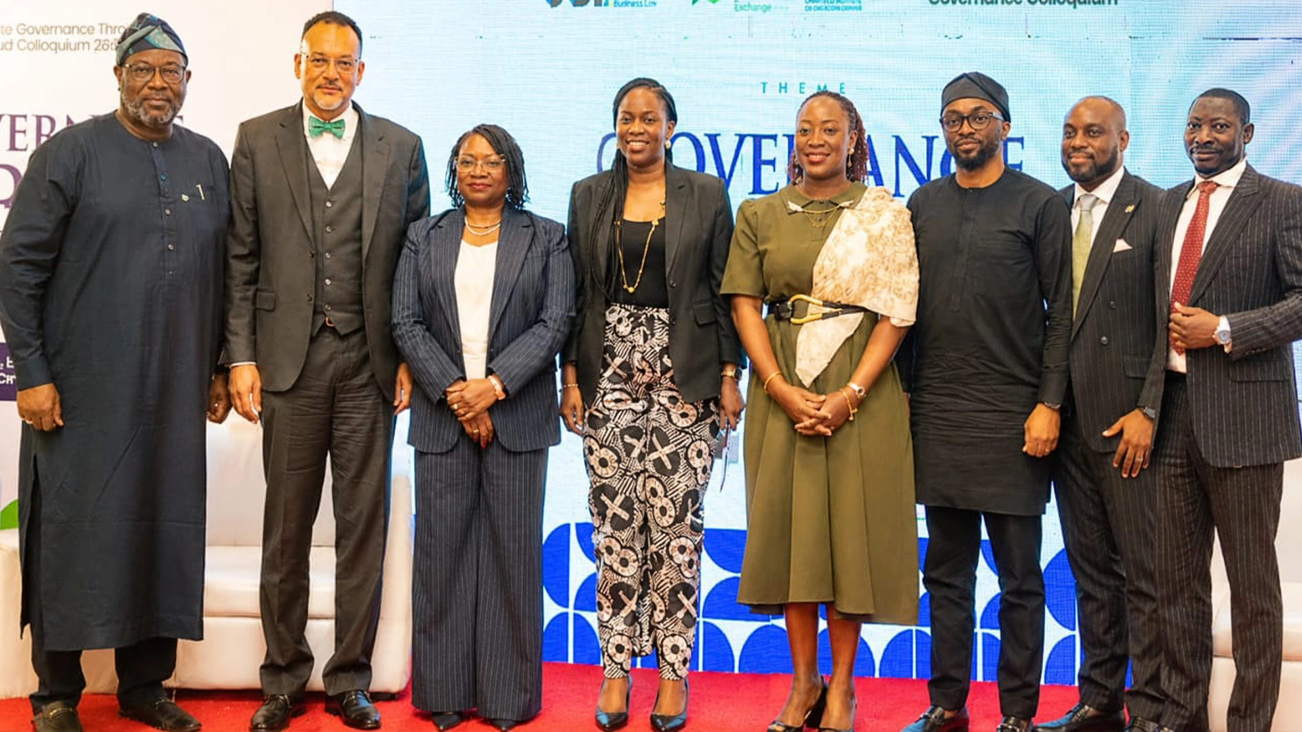 President and Chairman of the Governing Council, CIoD Nigeria, Adetunji Oyebanji (left); CEO, Open Access Data Centres (OADC), Dr Ayotunde Coker; Chairperson, African Risk Capacity Limited, Ms Cecilia Akintomide; Chief Legal Officer, SIFAX Group, Mrs Jesuyemi Odeyemi; Vice Chair, NBA-SBL, Mrs Ayoyinka Olajide-Awosedo; CEO, Ubulu Africa, Dr Odiong Akpan, MCIoD; CEO, NGX Regulation Limited, Mr Olufemi Shobanjo; and Head, Trading and Product, NGX, Mr Abimbola Babalola at the Corporate Governance Triangle Annual Corporate Governance Colloquium 2026, held in Lagos, recently