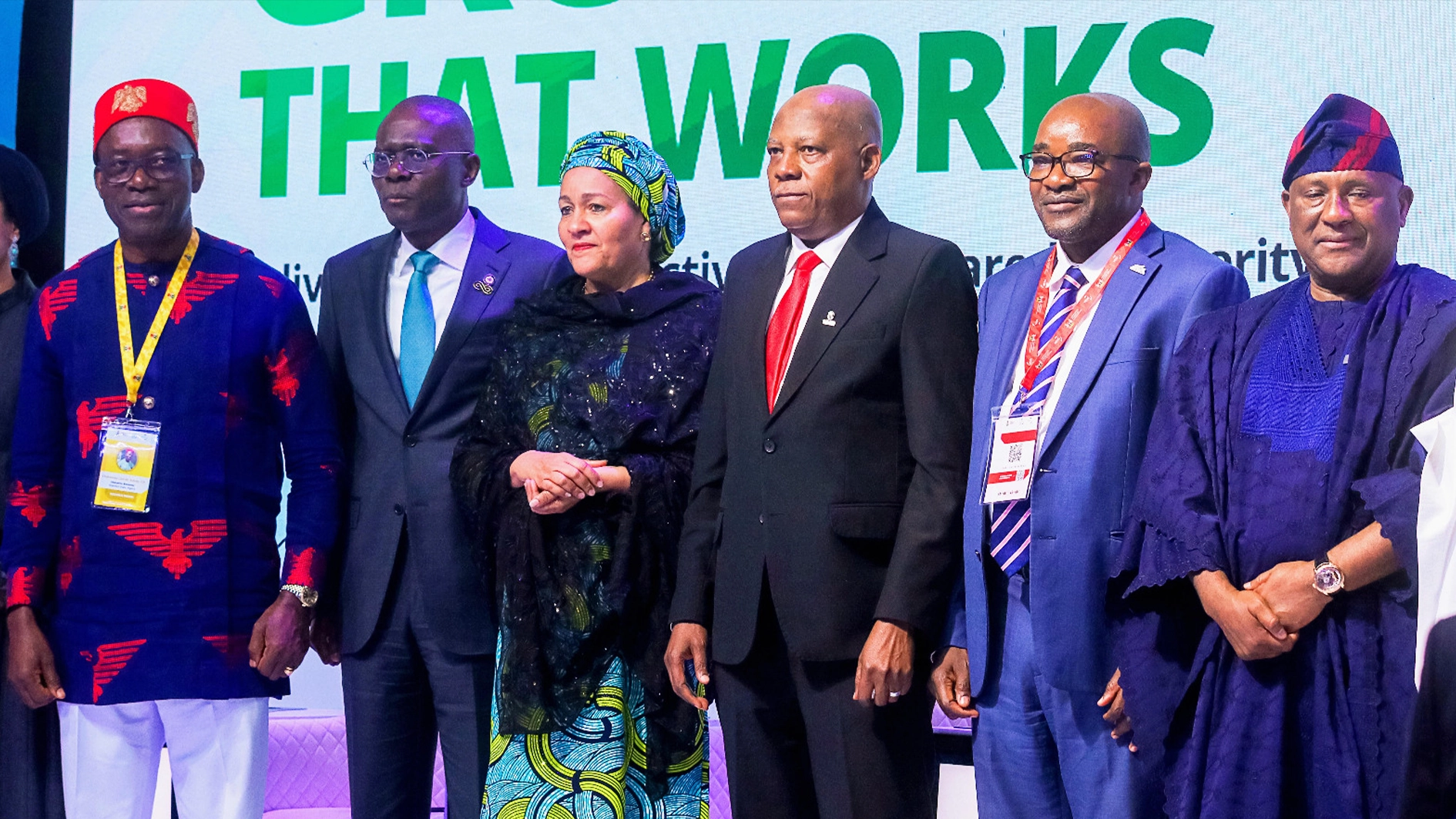 Anambra State Governor, Charles Soludo (left); Lagos State Governor, Babajide Sanwo-Olu; Deputy Secretary-General of the United Nations (UN); Amina Mohammed; Vice President Kashim Shettima; Chairman, National Economic Summit Group (NESG), Olaniyi Yusuf and Chairman, BUA Group, Abdul-Samad Rabiu during the opening ceremony of the 32nd National Economic Summit (NES#32) in Abuja, yesterday.  PHOTO: LUCY LADIDI ATEKO
