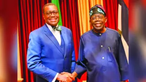 President Bola Tinubu (rght) with the former President of African Development Bank Group, Akinwumi Adeshina, at  the Presidential Villa, Abuja, yesterday
