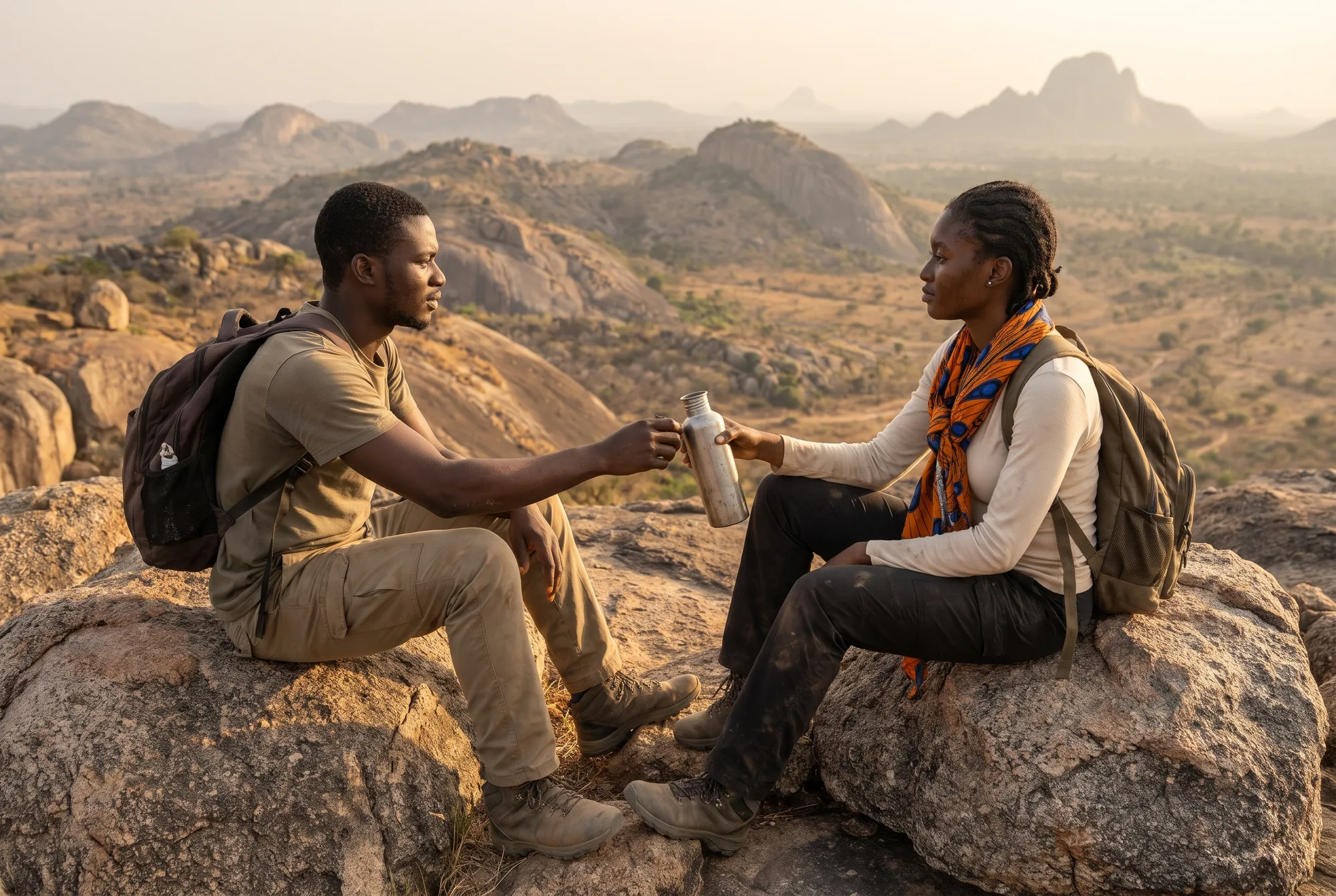 Two young hikers resting on granite boulders in the Shere Hills near Jos, among Nigeria's highest peaks.
