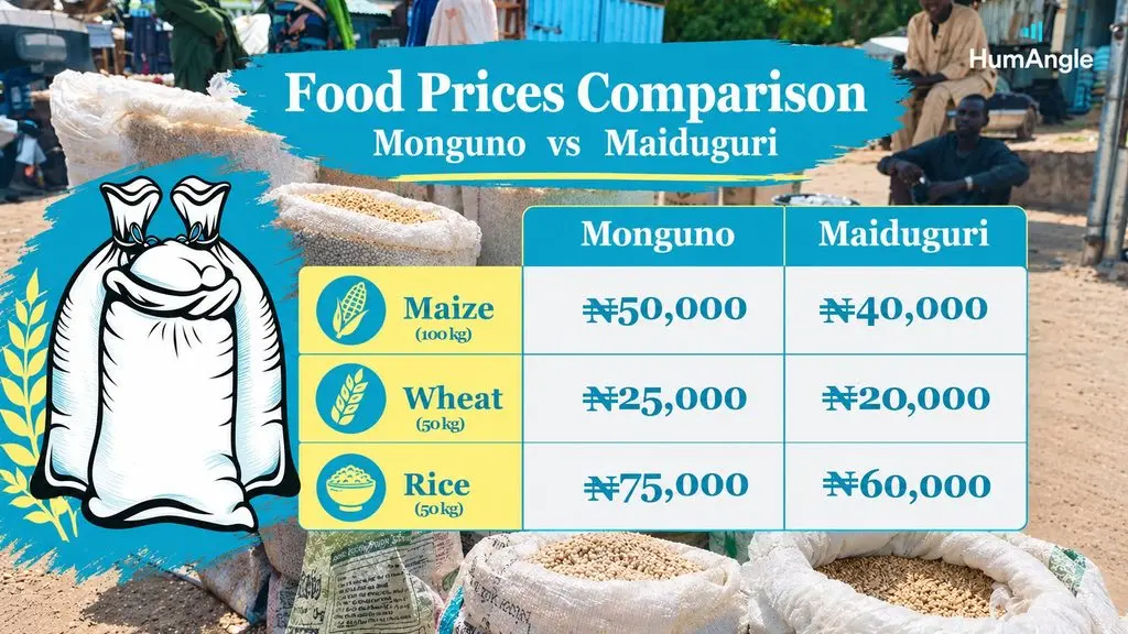A comparison of food prices in Maiduguri and Monguno. Data and Illustration: Al’amin Umar/HumAngle.