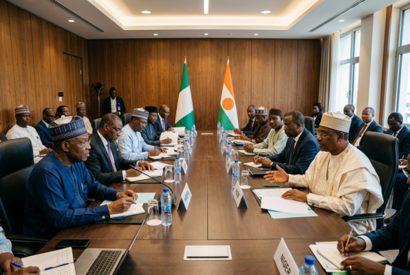 Nigerien and Nigerian officials meet around a conference table to discuss bilateral relations and regional cooperation
