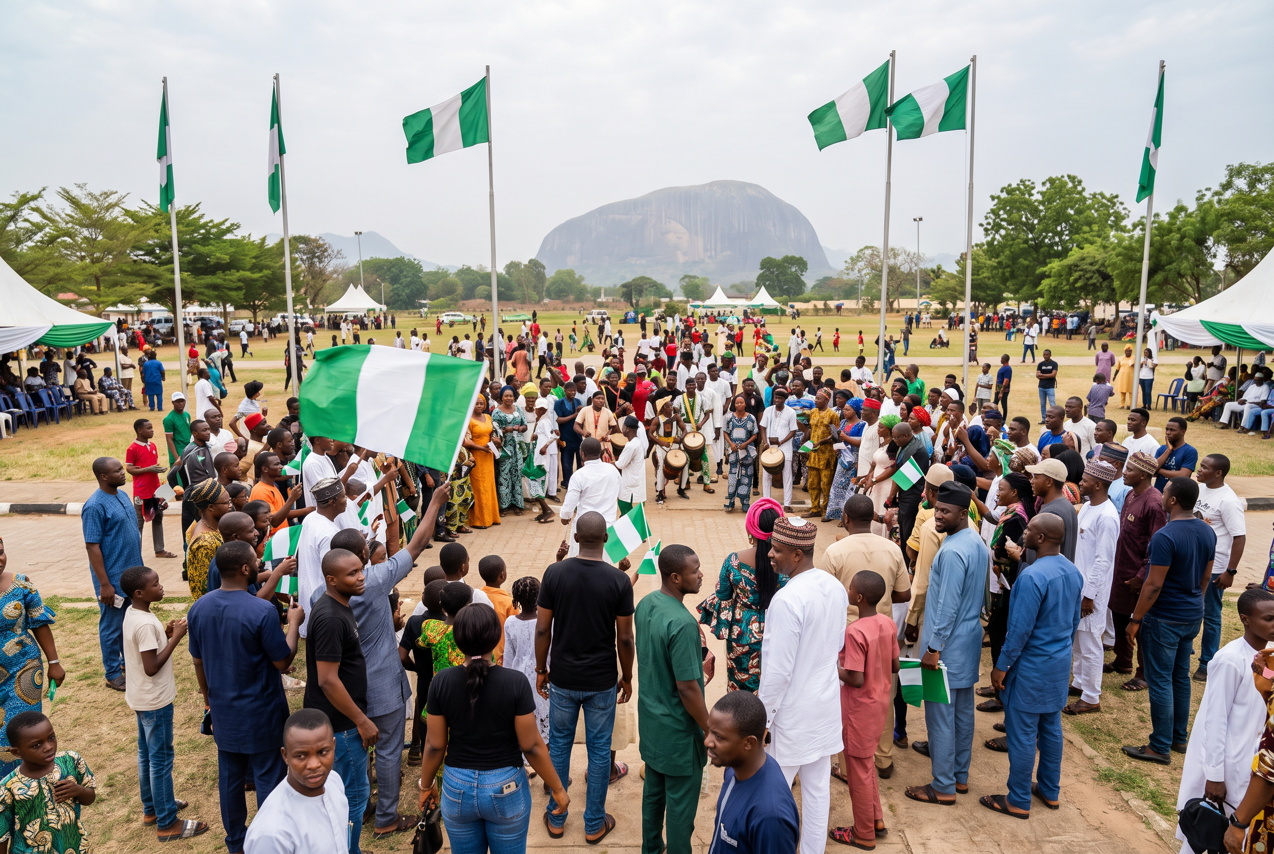 Nigerians celebrating national identity and symbols with Nigerian flags