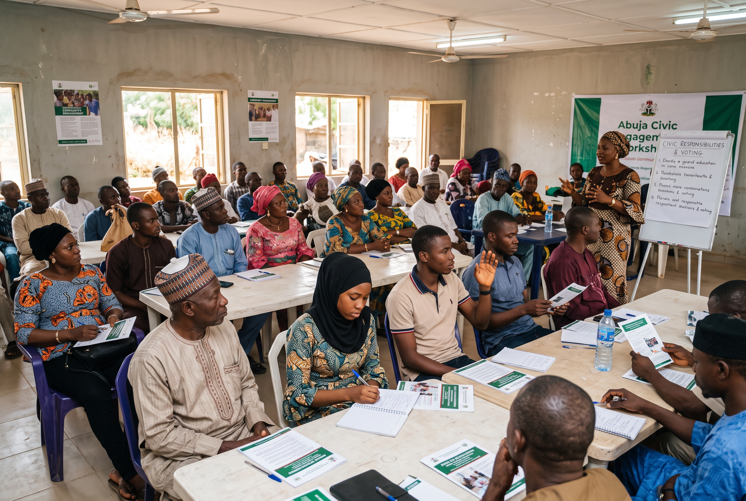 Nigerian citizens participating in a community workshop about citizenship, civic duties and national responsibilities.