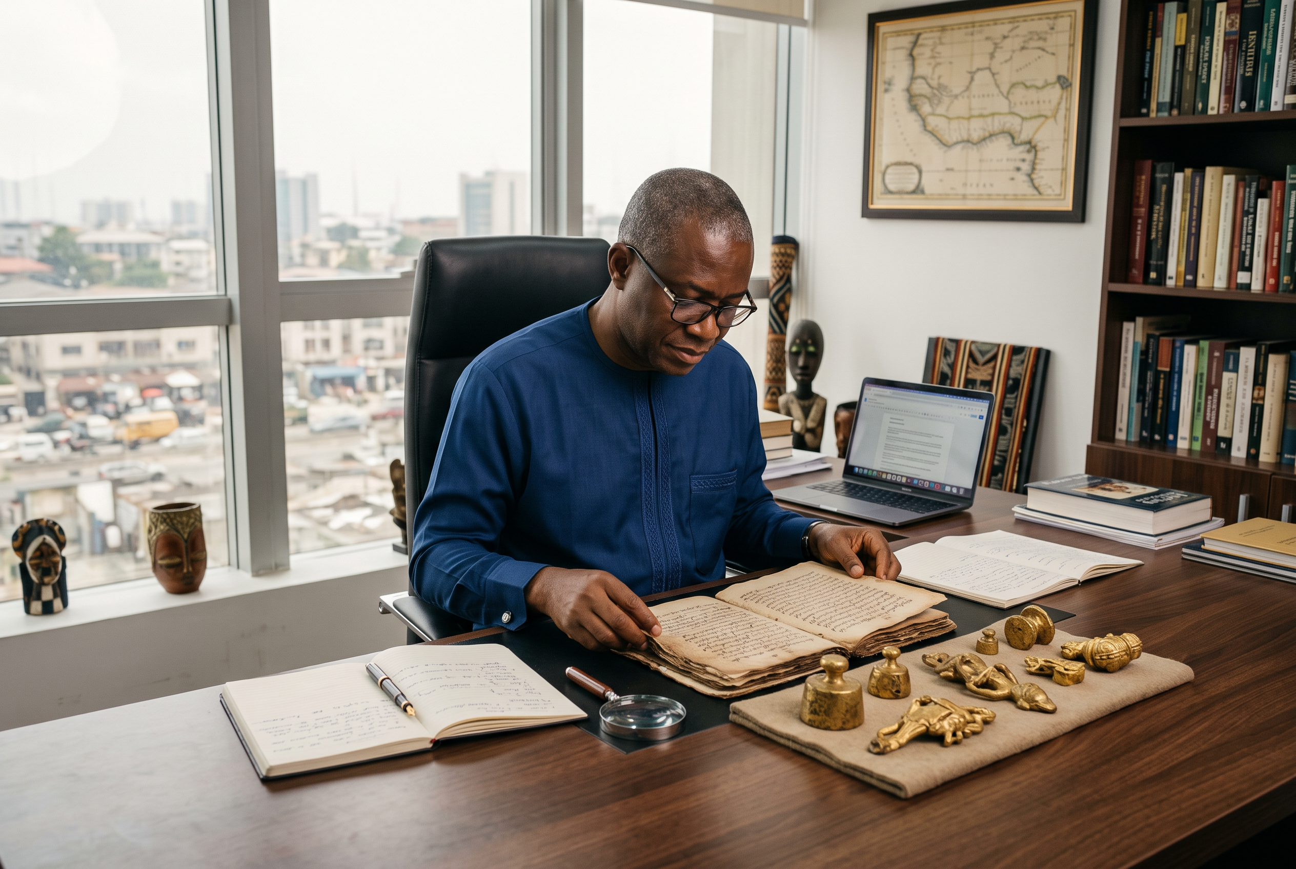 Historian examining ancient manuscripts and artifacts to determine who is considered the richest man of all time, comparing Mansa Musa and King Solomon.