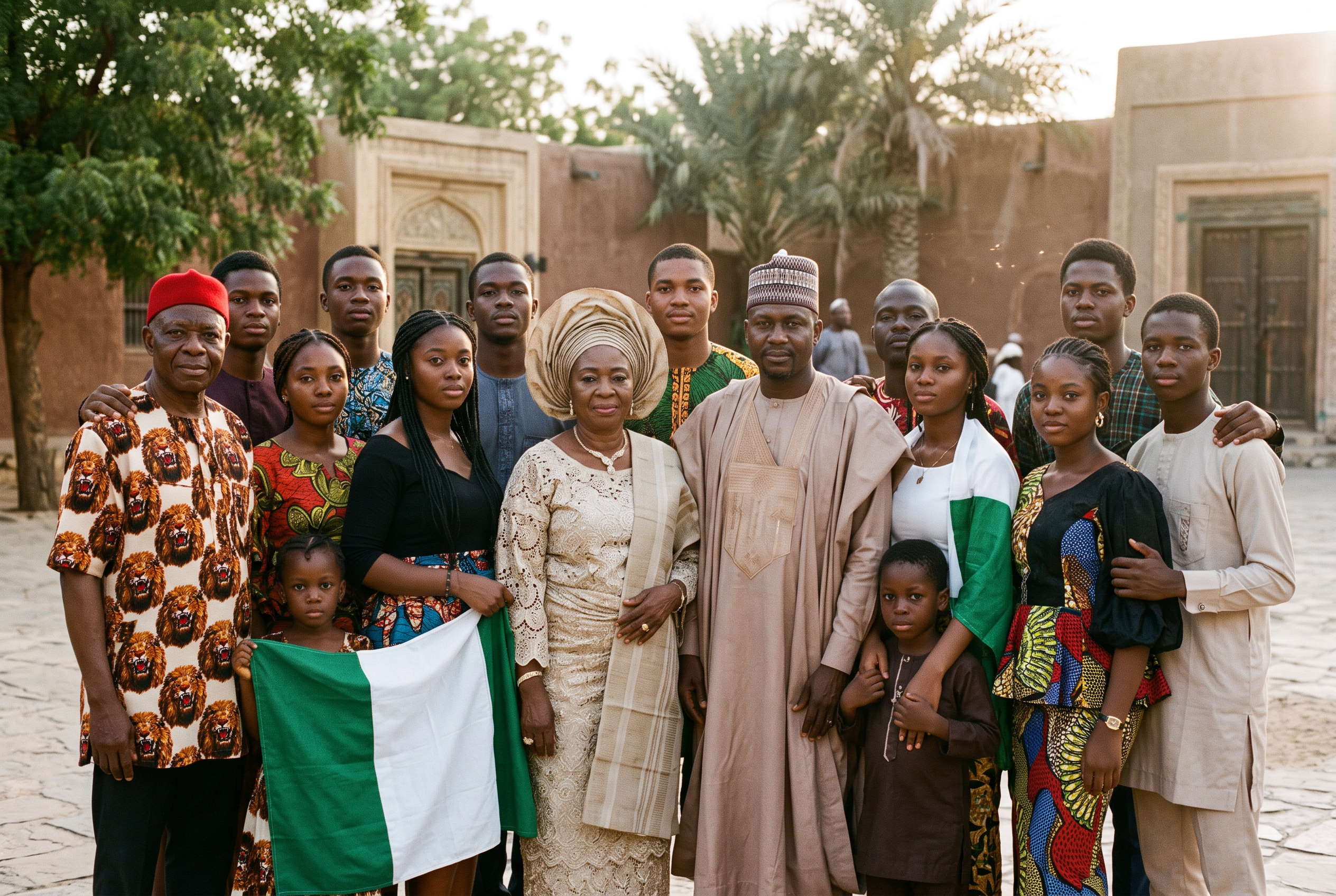 Multi-generational Nigerian family posing proudly with the green-and-white national flag, embodying national symbols, cultural identity, and the 7 core values of Nigeria.