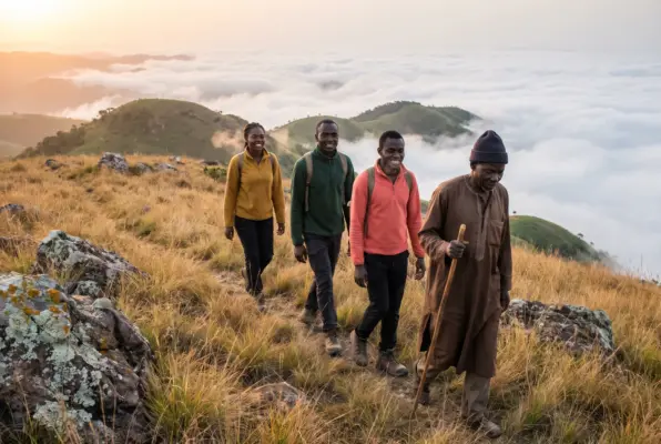 Nigerian hikers and a local guide crossing grassland near the summit of Chappal Waddi at sunrise above the clouds.