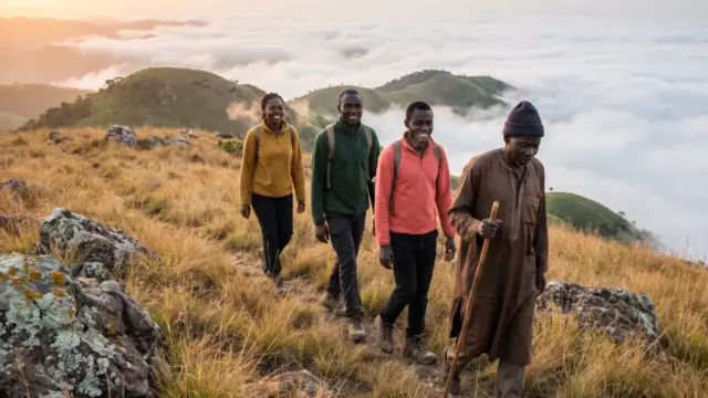 Nigerian hikers and a local guide crossing grassland near the summit of Chappal Waddi at sunrise above the clouds.