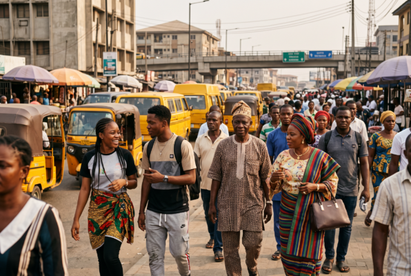 Resilient Nigerian citizens walking together through a lively urban street, illustrating what represents strength in Nigeria through unity and hard work.
