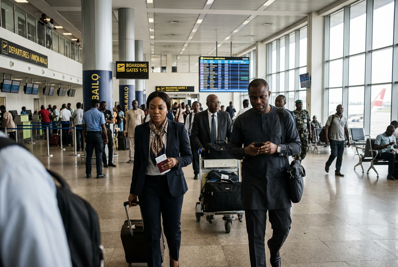 Nigerian travellers walking through an airport terminal with passports and luggage amid international travel restrictions