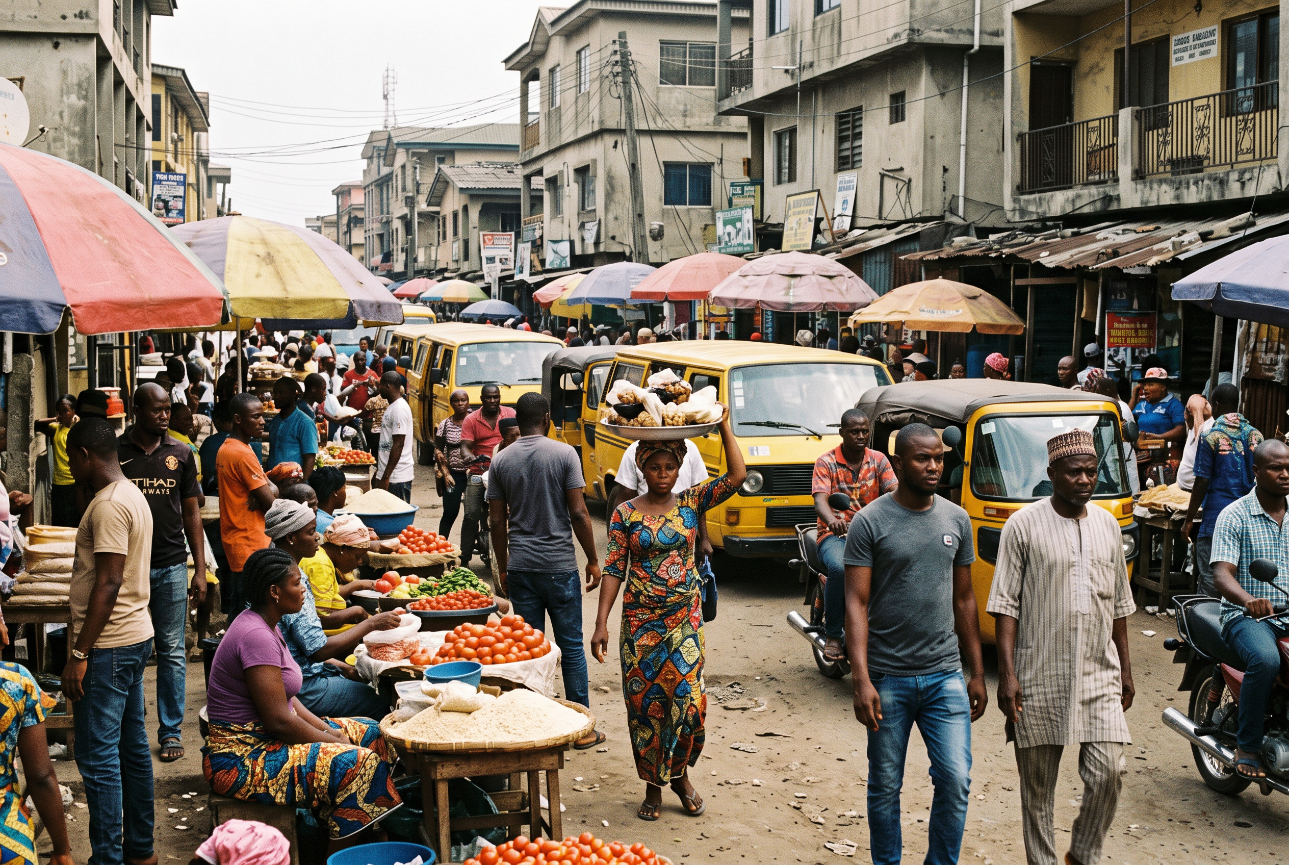 Busy Nigerian street market with traders, shoppers and yellow minibuses illustrating the rising cost of living in Nigeria